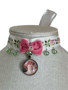 Pink Velvet Bow Choker Necklace with Green Crystal Accents Handmade